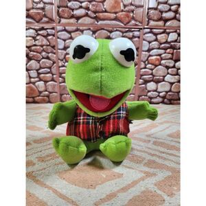Vintage 1987 Baby Kermit The Frog Plush Stuffed Animal Red Flannel Plaid Vest #A